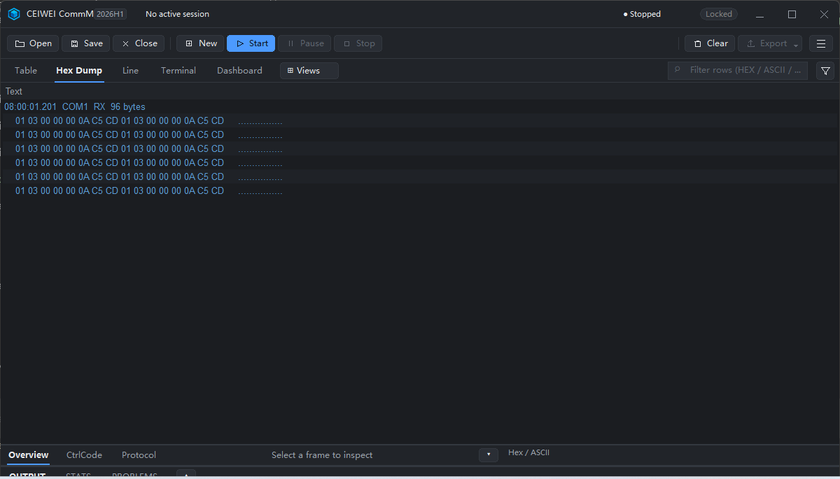 CommMonitor Hex-Dump mit Offset-, Hex- und Textzeile pro Frame